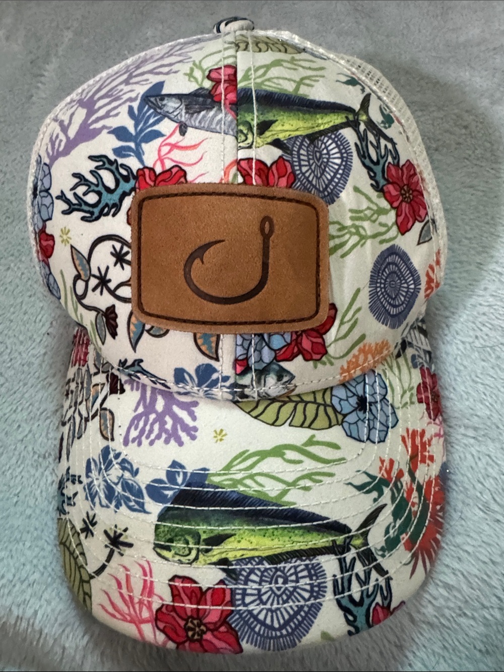 Floral Marine Print Trucker Cap with Leather Patch - White
